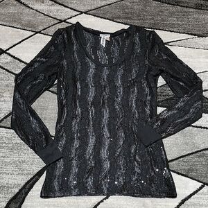 BKE EASED BLACK SEQUINS LACE SCOOP-NECK LONG-SLEEVE TOP
